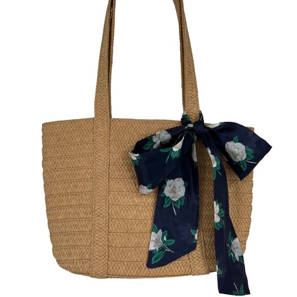 Draper James FitFabFun Straw Purse Navy Floral Scarf Reese Witherspoon - Picture 2 of 8